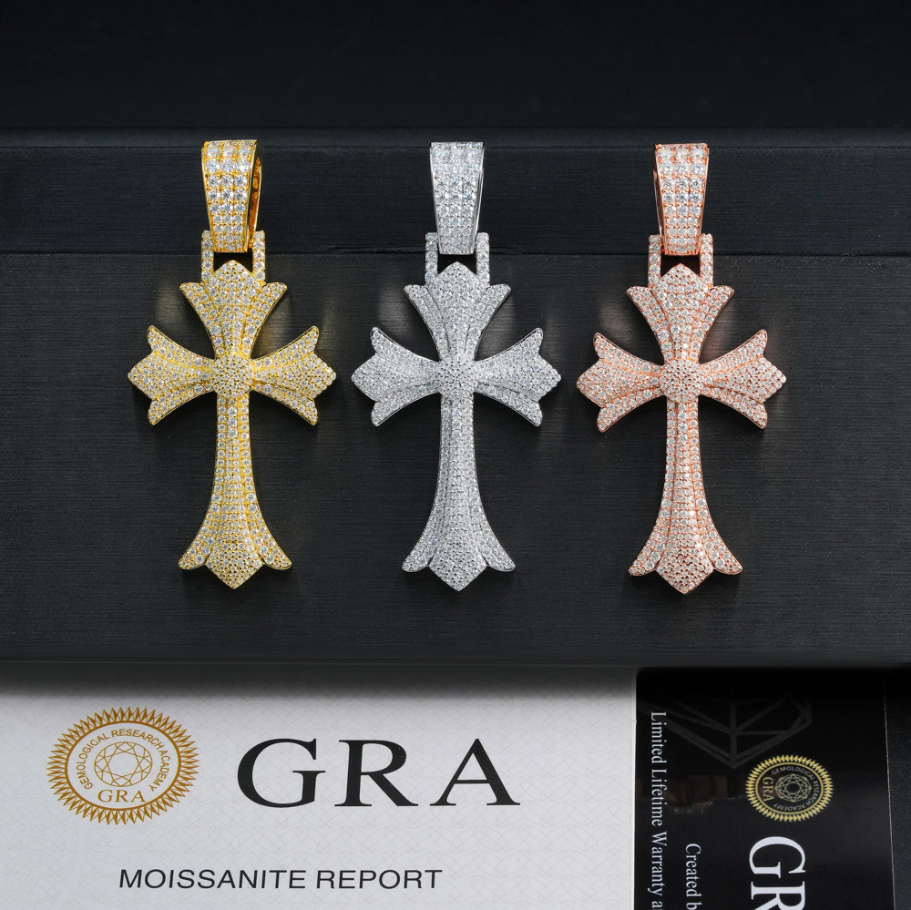 The Caelum Cross™ – Full Moissanite D Color Gothic Cross Pendant Necklace in 925 Sterling Silver with GRA Certification