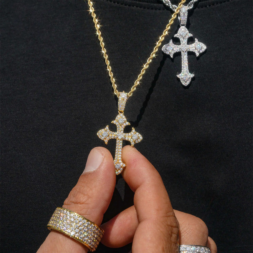 Aleron Moissanite Cross Pendant – 925 Silver or Gold Finish | GRA Certified