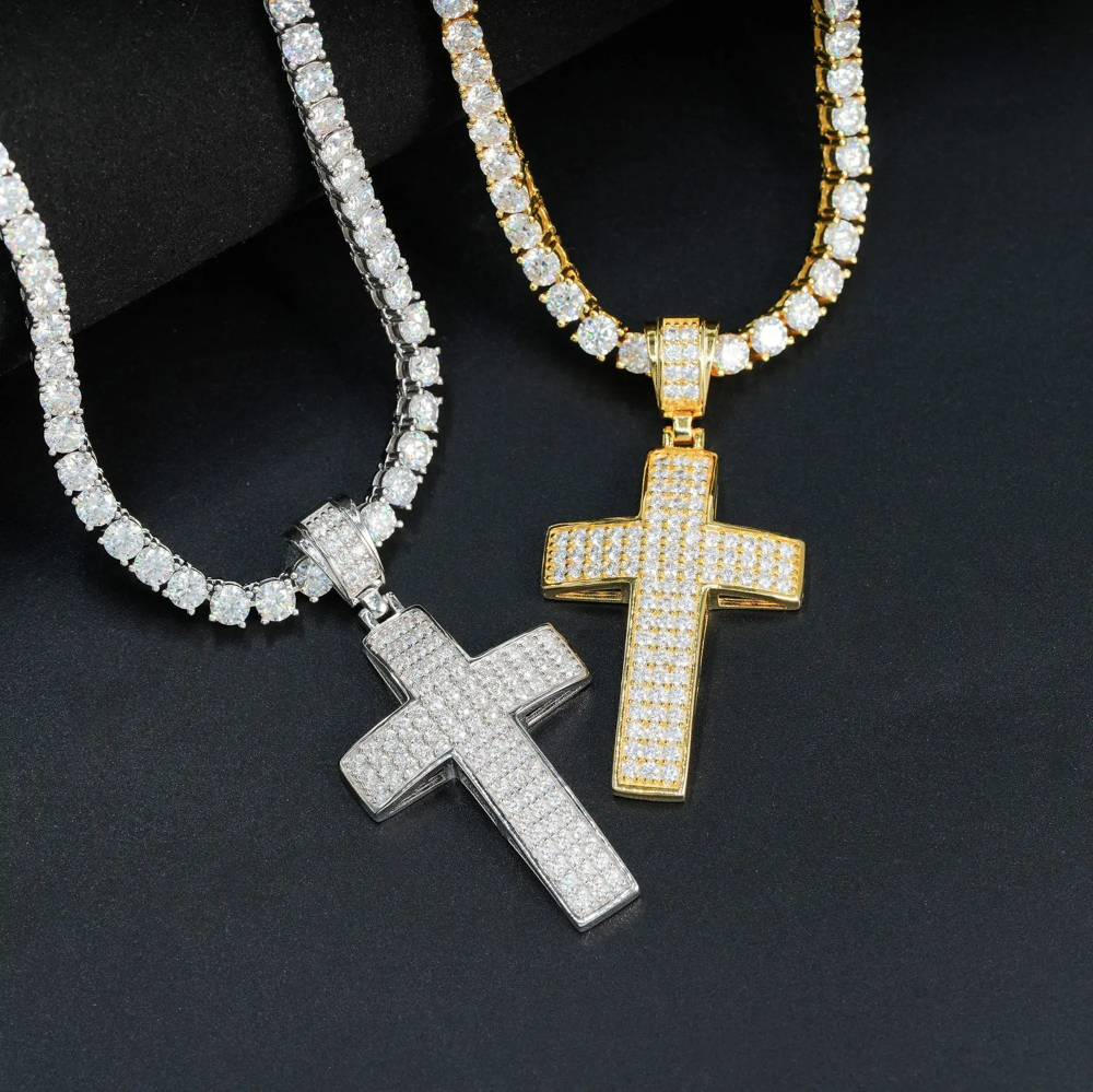 Zion Moissanite Iced Out Cross Pendant Necklace – Gold and Silver Finish | GRA Certified |