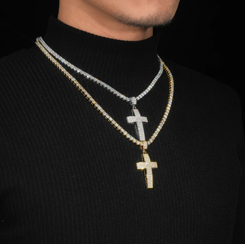 Zion Moissanite Iced Out Cross Pendant Necklace – Gold and Silver Finish | GRA Certified |
