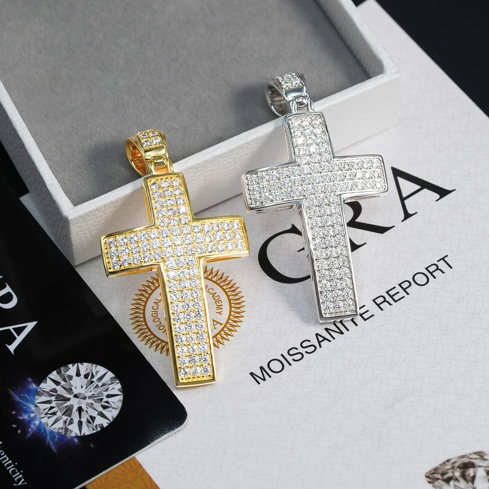 Zion Moissanite Iced Out Cross Pendant Necklace – Gold and Silver Finish | GRA Certified |