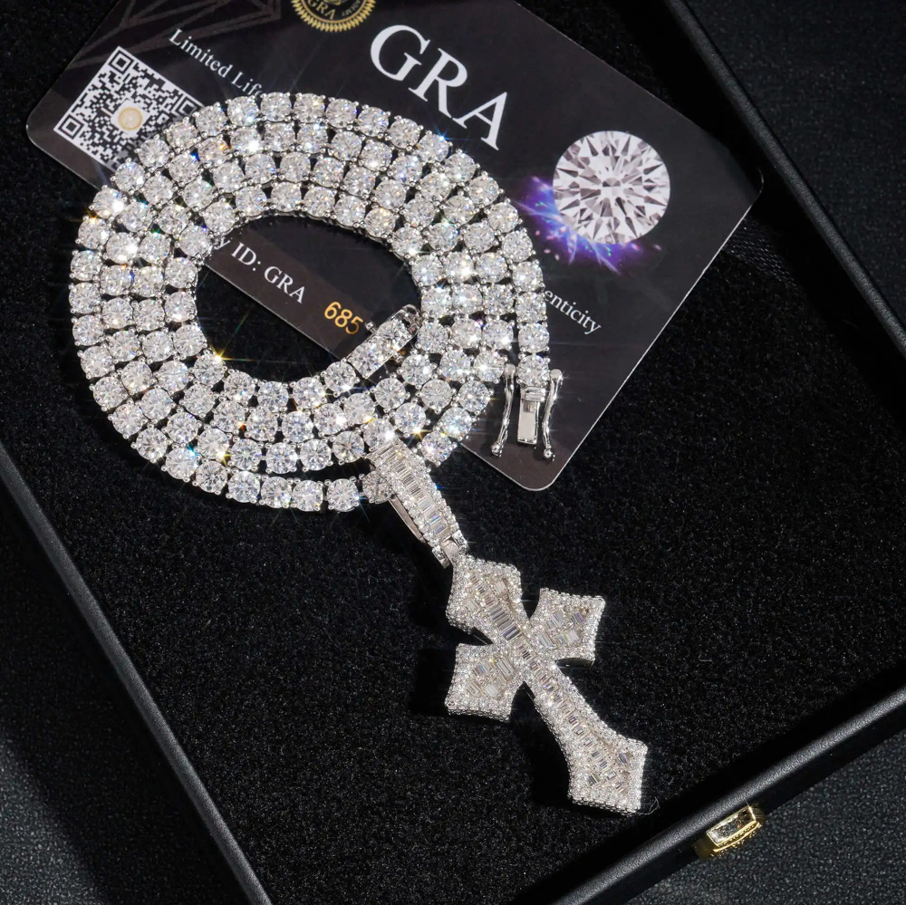 Dominic – Moissanite Iced Cross Pendant with Premium Tennis Chain | 925 Silver or Gold Finish