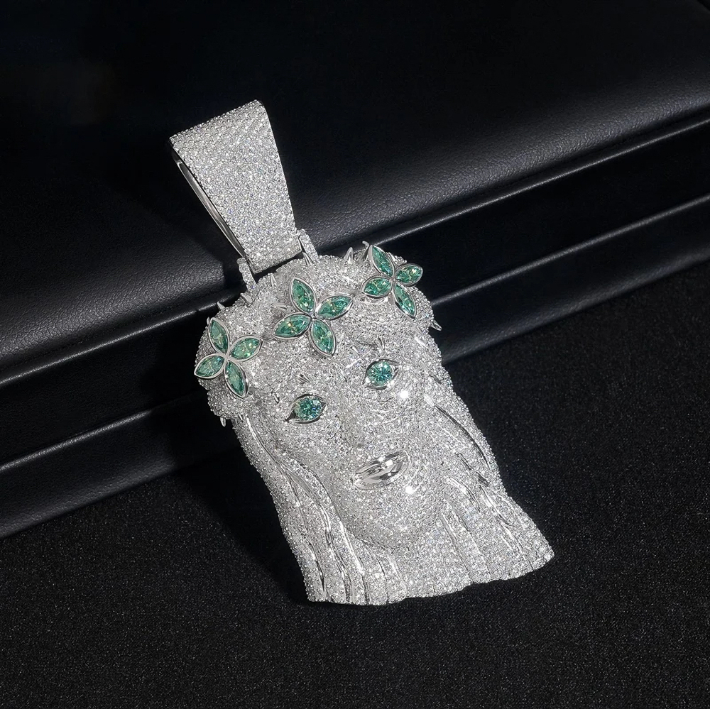 "Aveniel - Moissanite Jesus Piece Pendant with Green Crown Accents | Sterling Silver or Gold Finish"