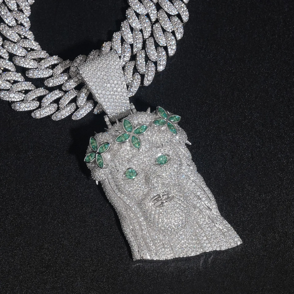 "Aveniel - Moissanite Jesus Piece Pendant with Green Crown Accents | Sterling Silver or Gold Finish"