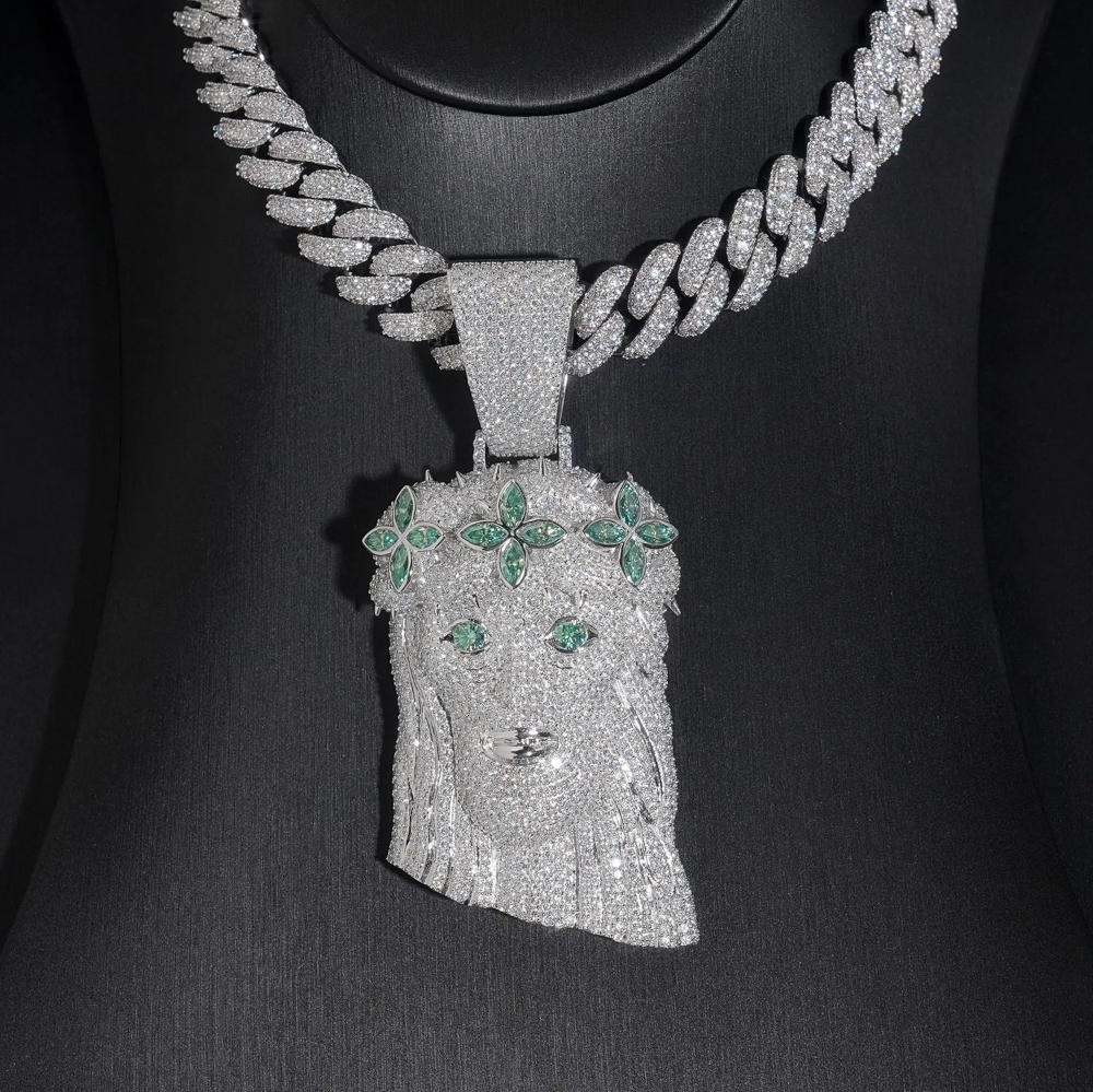 "Aveniel - Moissanite Jesus Piece Pendant with Green Crown Accents | Sterling Silver or Gold Finish"