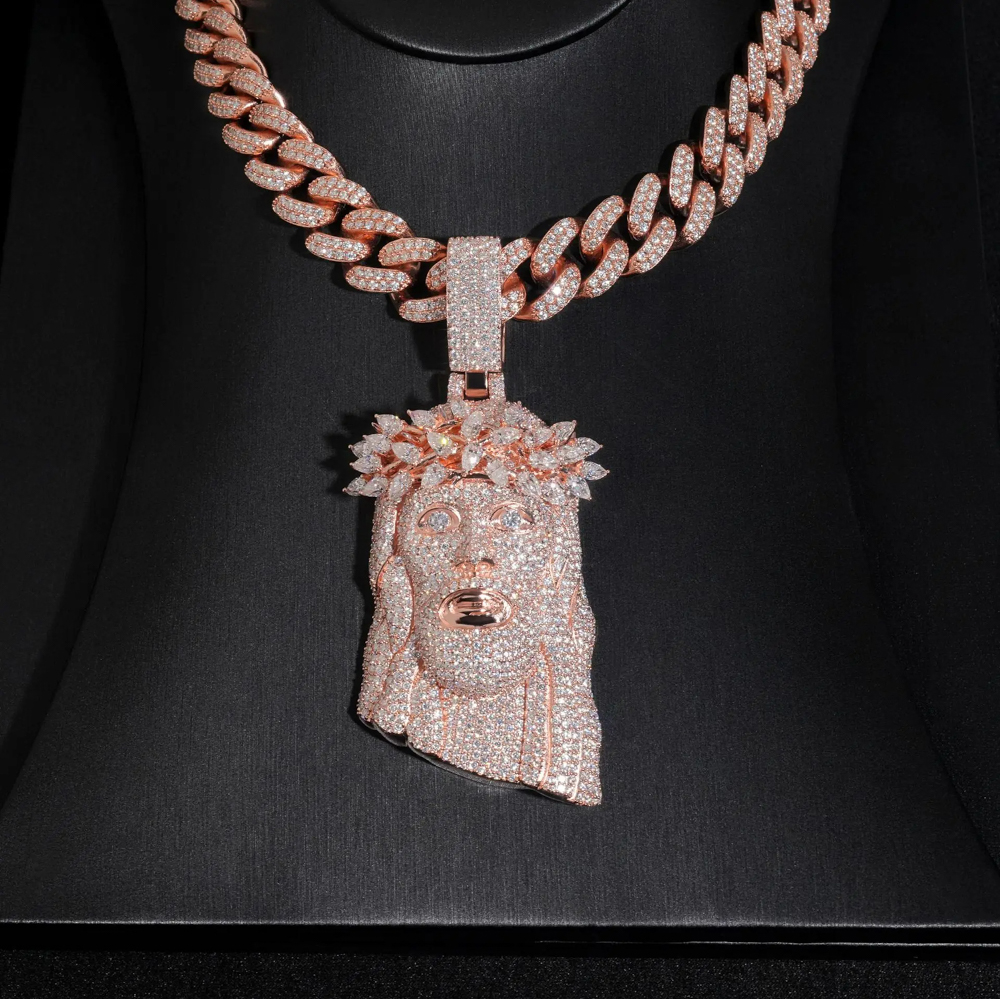 Zephiros Iced Moissanite Jesus Pendant | Rose Gold, Yellow Gold, White Gold Plated | 925 Silver Base