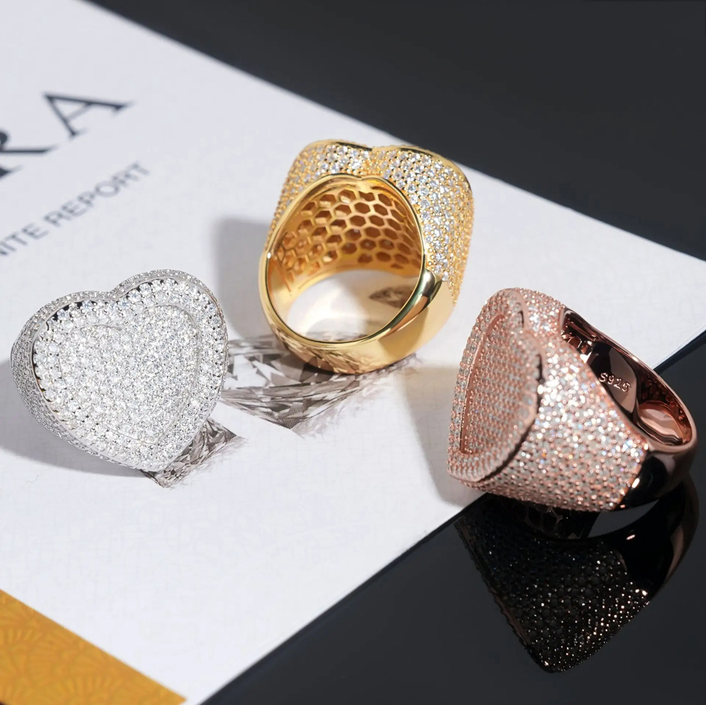 Amelina Moissanite Heart Ring - Full Iced Out 925 Silver Statement Ring in White, Yellow, and Rose Gold Plating | LuxuryJewelry