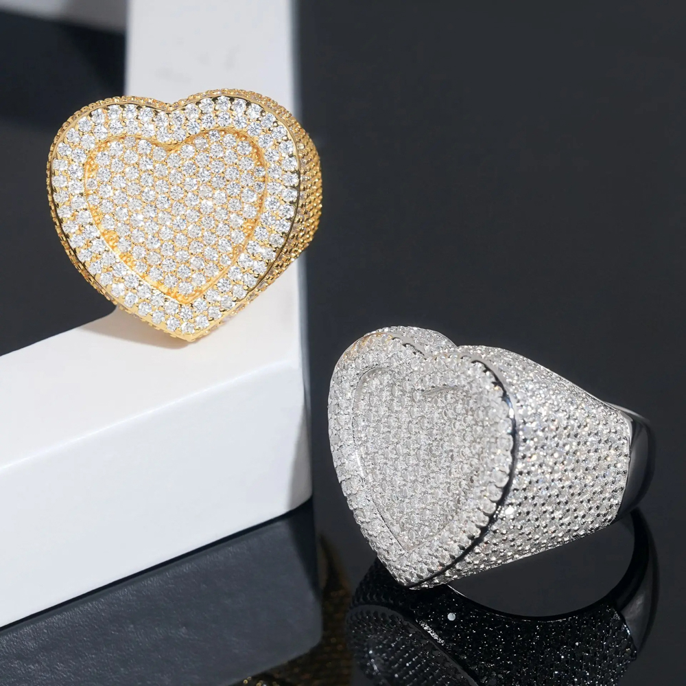 Amelina Moissanite Heart Ring - Full Iced Out 925 Silver Statement Ring in White, Yellow, and Rose Gold Plating | LuxuryJewelry