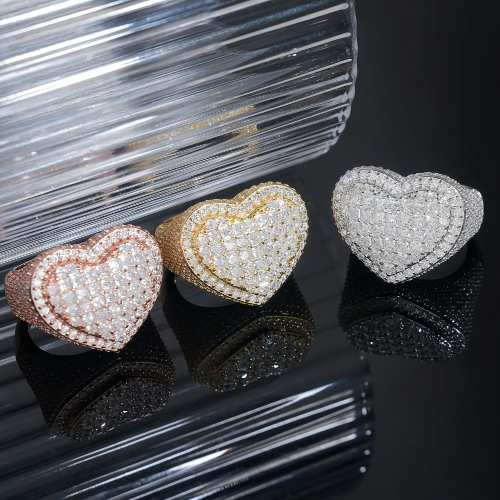 Amelina Moissanite Heart Ring 2- Full Iced Out 925 Silver Statement Ring in White, Yellow, and Rose Gold Plating | LuxuryJewelry