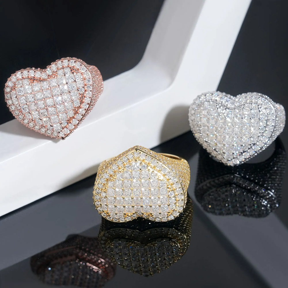 Amelina Moissanite Heart Ring 2- Full Iced Out 925 Silver Statement Ring in White, Yellow, and Rose Gold Plating | LuxuryJewelry