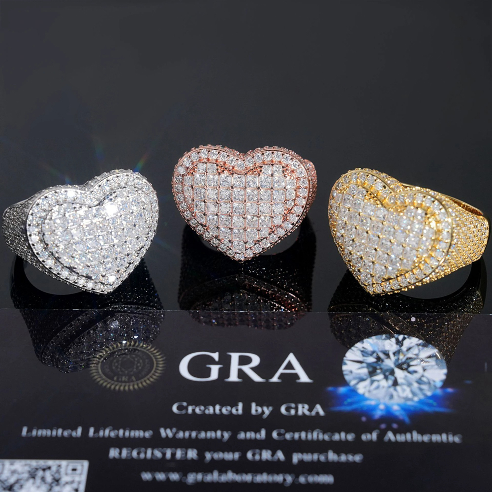 Amelina Moissanite Heart Ring 2- Full Iced Out 925 Silver Statement Ring in White, Yellow, and Rose Gold Plating | LuxuryJewelry