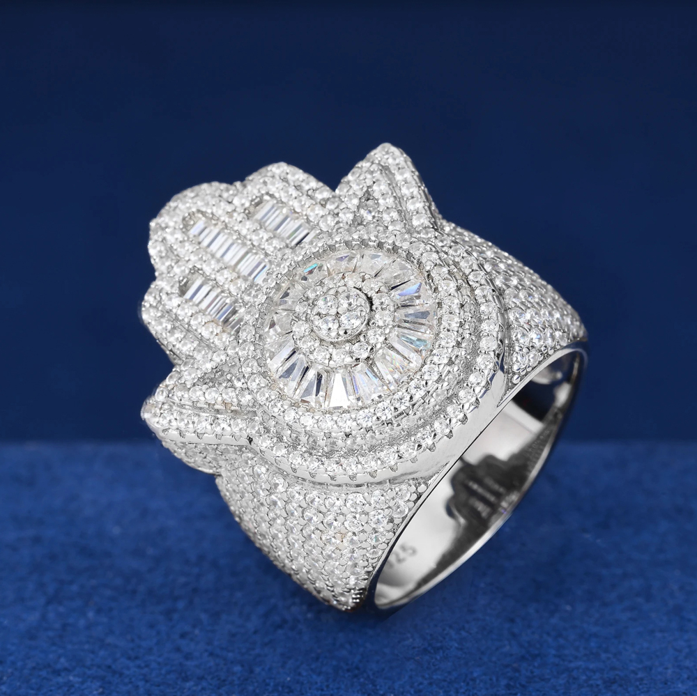 Ezraya Moissanite Hamsa Hand Ring in 925 Sterling Silver – Luxury Iced-Out Statement Jewelry