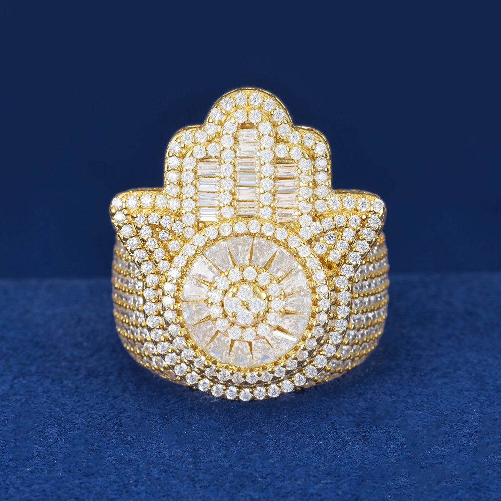 Ezraya Moissanite Hamsa Hand Ring in 925 Sterling Silver – Luxury Iced-Out Statement Jewelry
