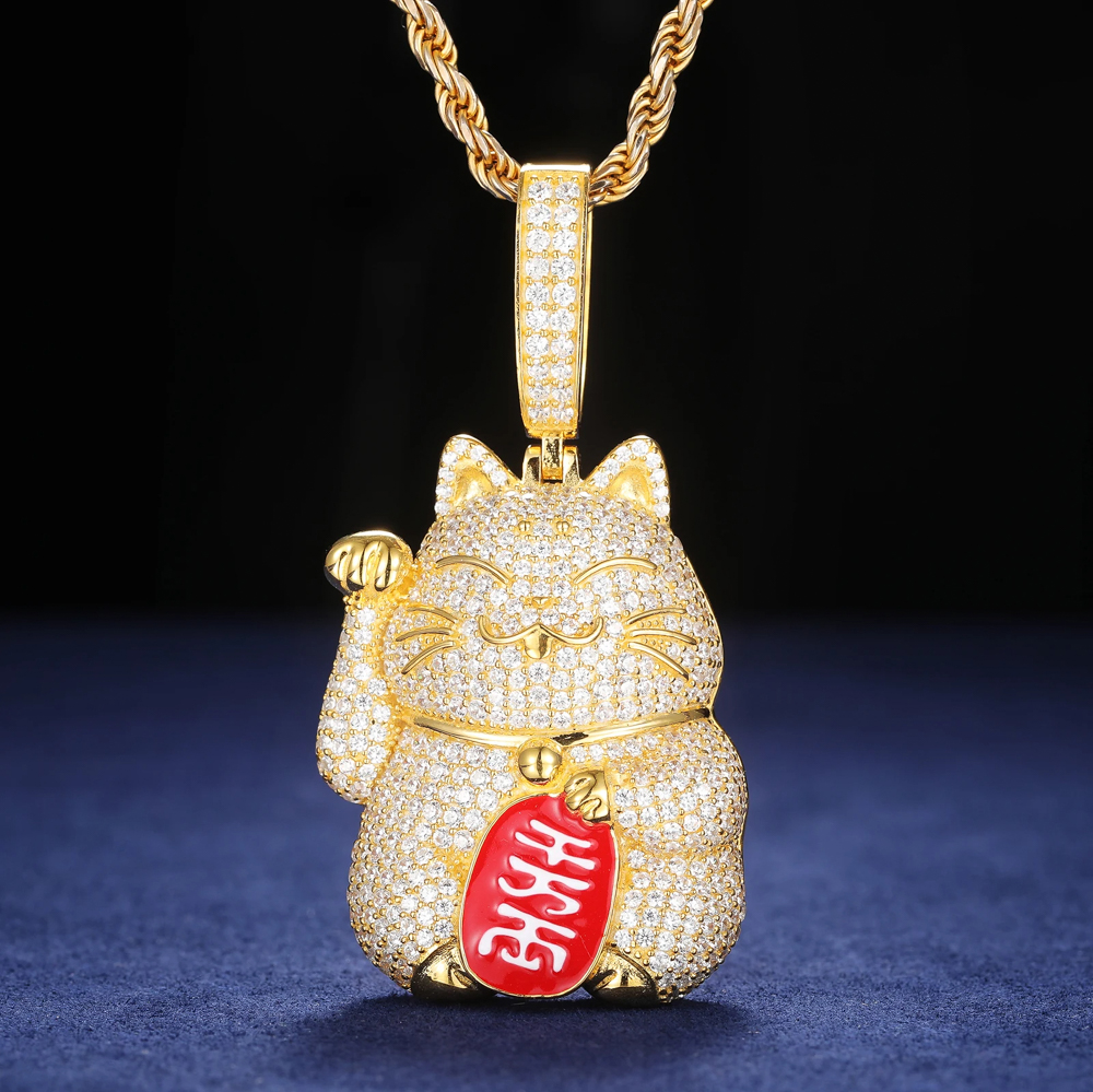 Manari Moissanite Lucky Cat Pendant in 925 Sterling Silver – Iced-Out Good Fortune Jewelry