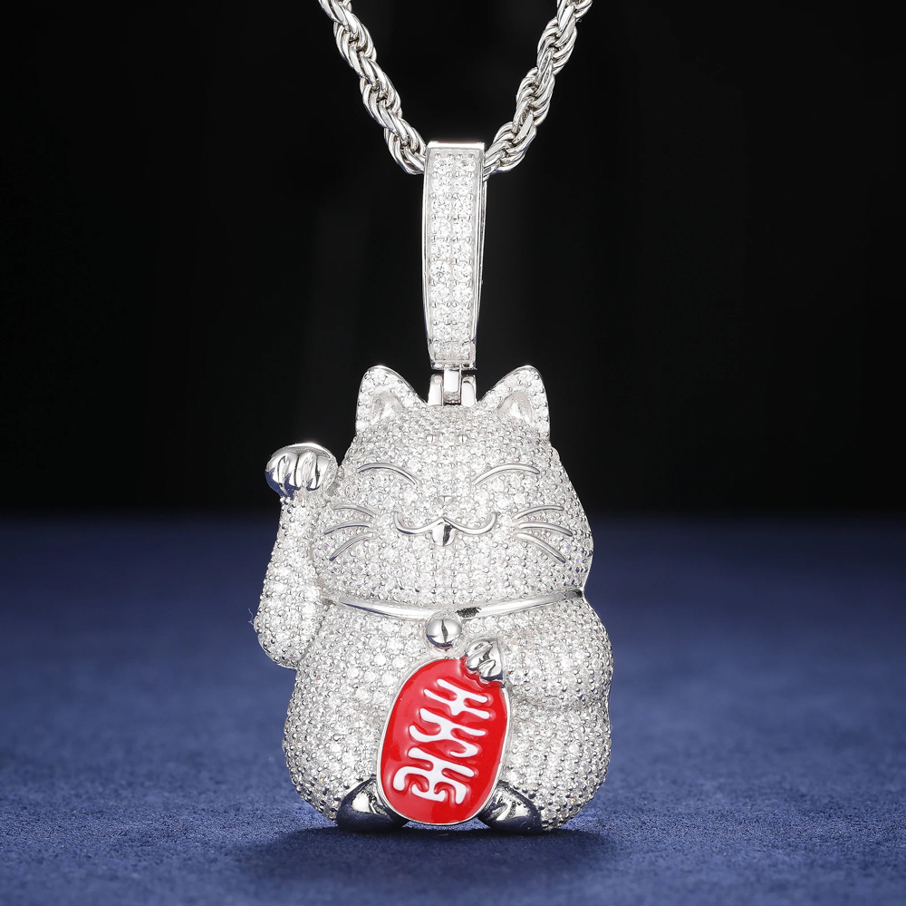 Manari Moissanite Lucky Cat Pendant in 925 Sterling Silver – Iced-Out Good Fortune Jewelry