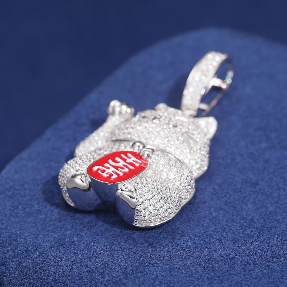Manari Moissanite Lucky Cat Pendant in 925 Sterling Silver – Iced-Out Good Fortune Jewelry