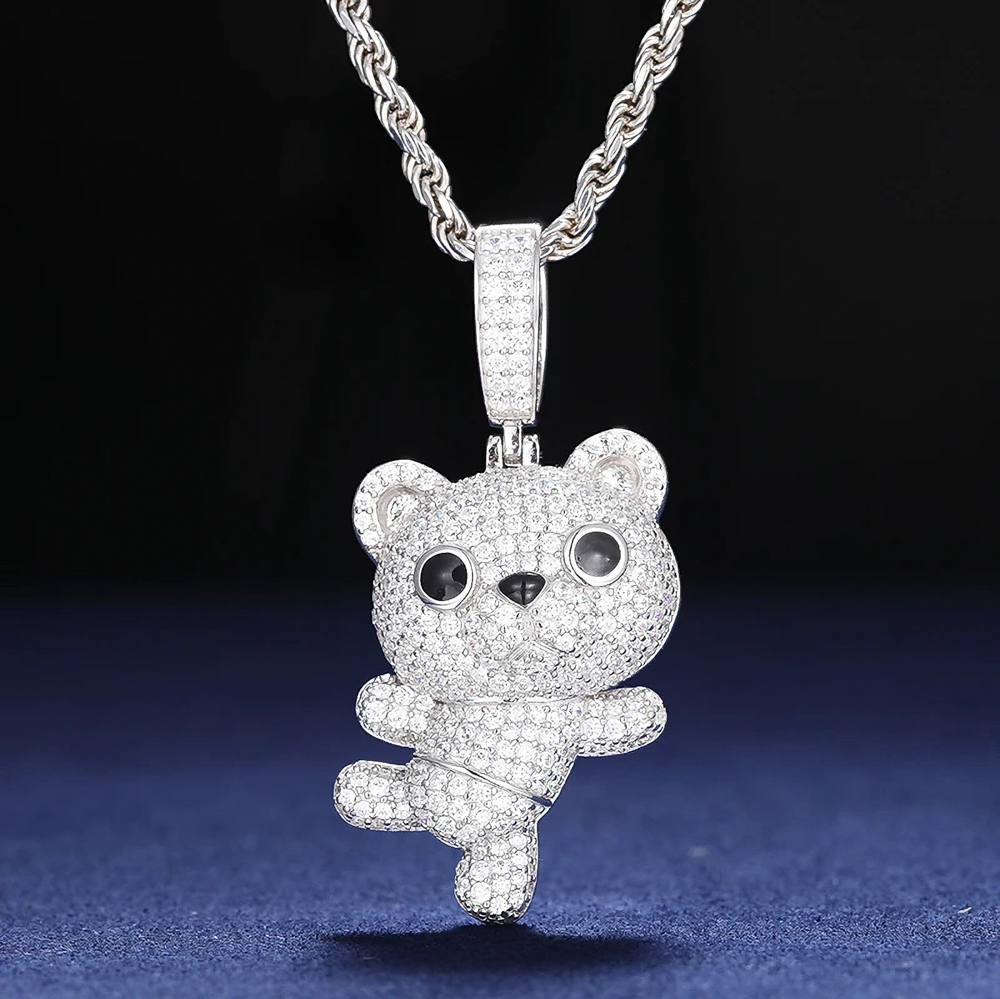 Tibérius Moissanite Iced-Out Bear Pendant in Sterling Silver – Hip Hop Bling Jewelry with Character