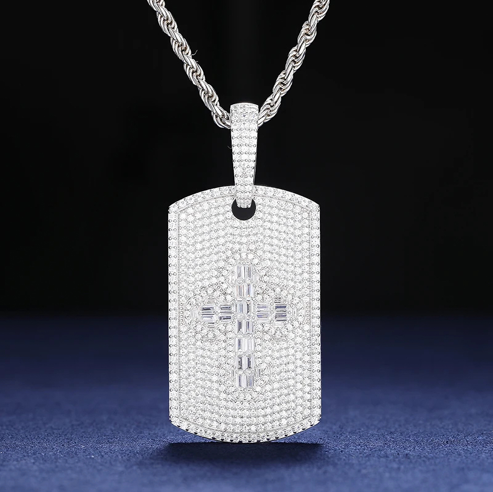 Zadriel Moissanite Cross Dog Tag Pendant in 925 Sterling Silver – Luxury Iced-Out Necklace