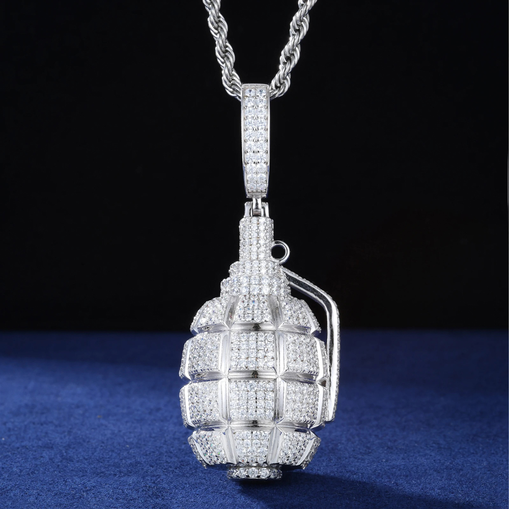 Kovrek Moissanite Grenade Pendant Necklace – Iced-Out 925 Silver & Gold Finish Statement Jewelry