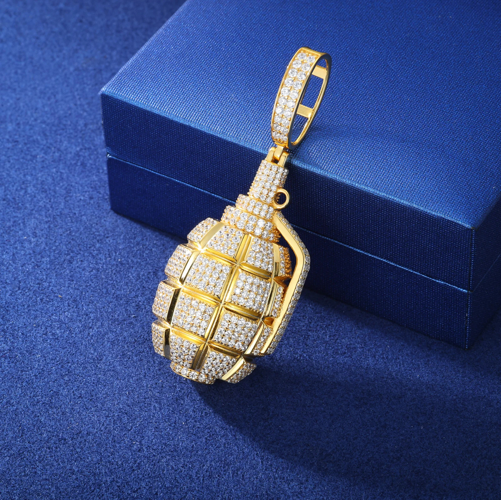 Kovrek Moissanite Grenade Pendant Necklace – Iced-Out 925 Silver & Gold Finish Statement Jewelry