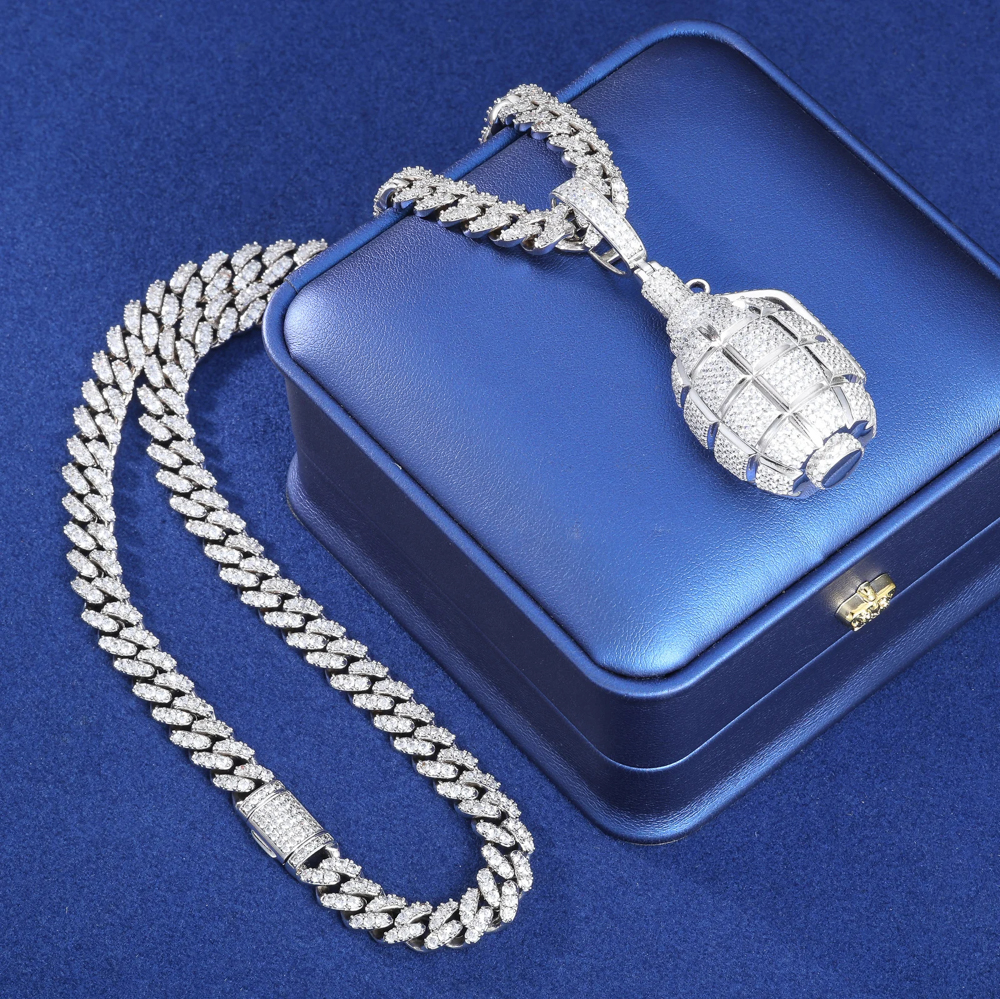 Kovrek Moissanite Grenade Pendant Necklace – Iced-Out 925 Silver & Gold Finish Statement Jewelry