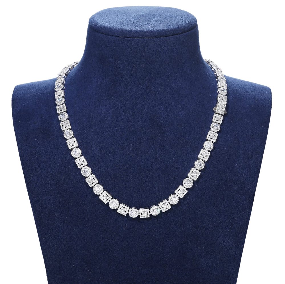 Zorion White Gold Moissanite Square-Round Tennis Necklace | S925 Silver Iced Out Statement Chain