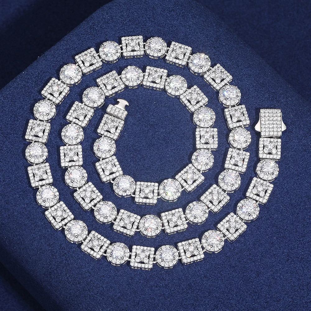Zorion White Gold Moissanite Square-Round Tennis Necklace | S925 Silver Iced Out Statement Chain