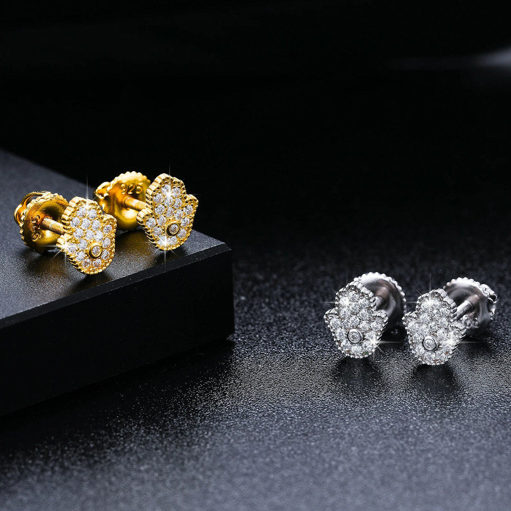 Nayelis Moissanite Hamsa Hand Stud Earrings | D Color VVS1 Stones | 925 Sterling Silver or Gold Finish