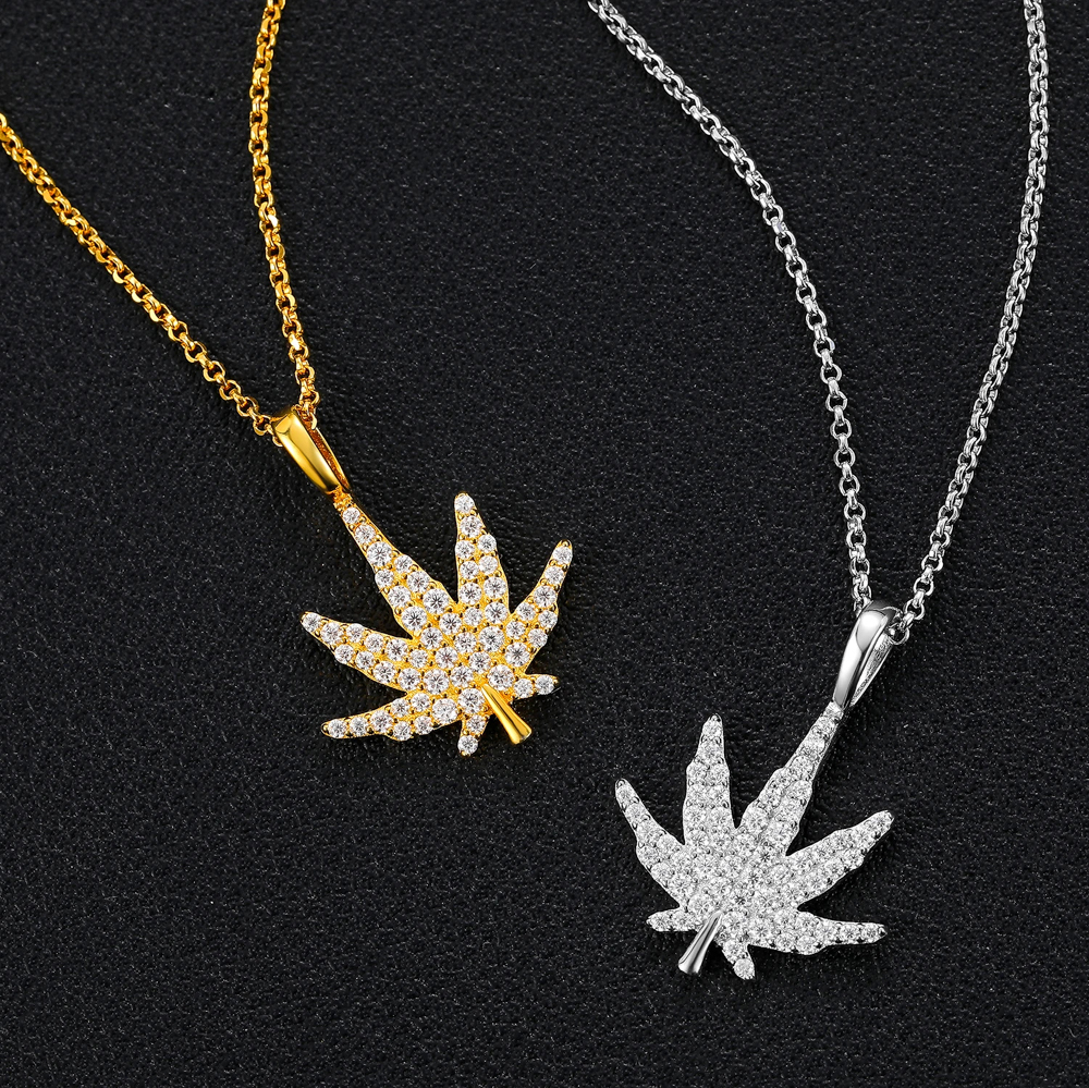 Kaimana White or Yellow Gold Cannabis Leaf Necklace | Moissanite S925 Sterling Silver Iced Pendant