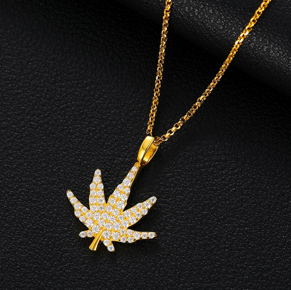 Kaimana White or Yellow Gold Cannabis Leaf Necklace | Moissanite S925 Sterling Silver Iced Pendant