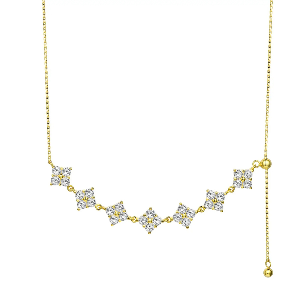 Almira Moissanite Flower Cluster Adjustable Necklace | S925 Yellow or White Gold Plated Chain