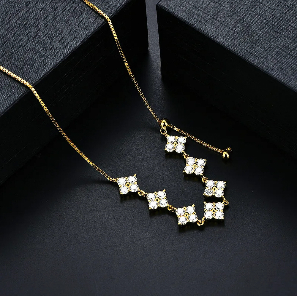 Almira Moissanite Flower Cluster Adjustable Necklace | S925 Yellow or White Gold Plated Chain