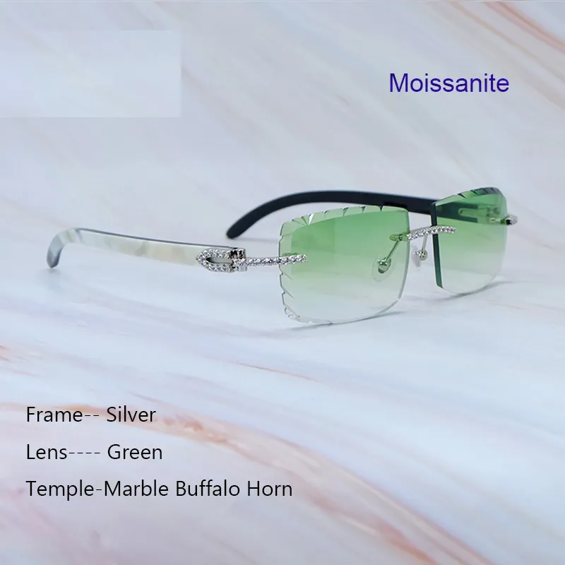 Diamond Cut Carti Marble White and Black Buffs with White Moissanite Diamonds (Green Tint)