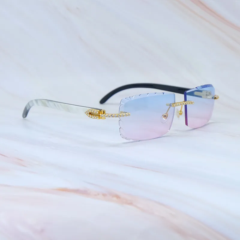 Diamond Cut Carti Marble White and Black Buffs with White Moissanite Diamonds (Blue and Pink Tint)