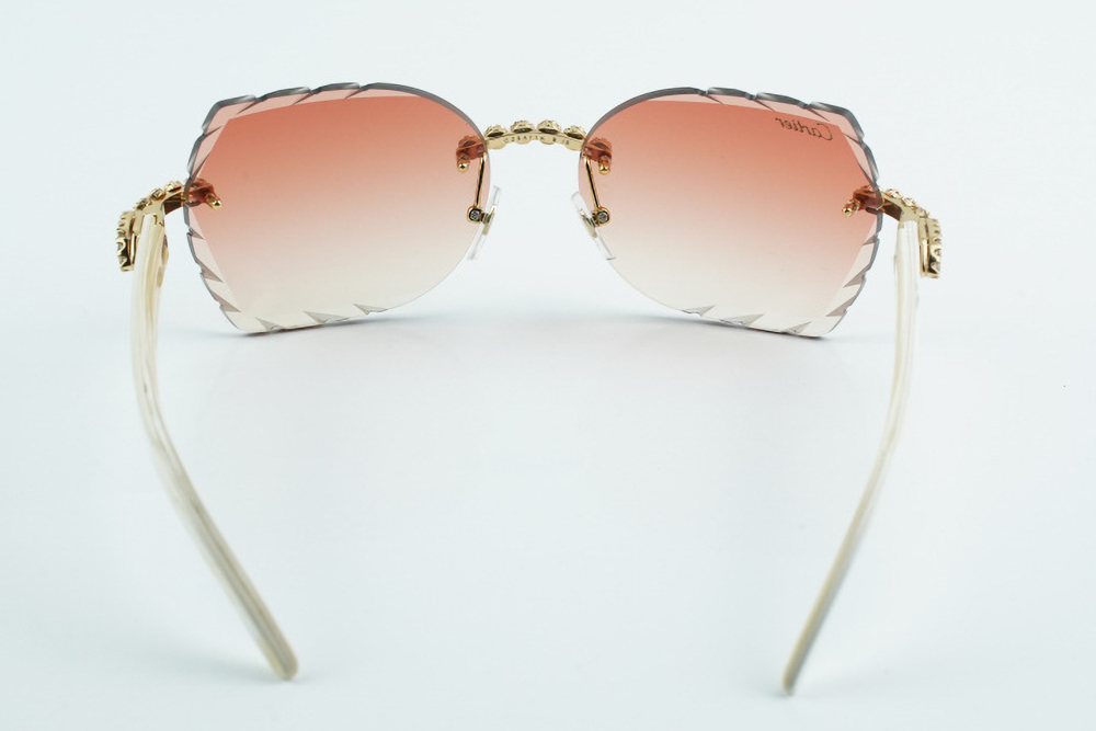 Custom Carti All White Buffs – Diamond Cut Red Butterfly Lens | White Buffalo Horn | Crystal Flower Frame