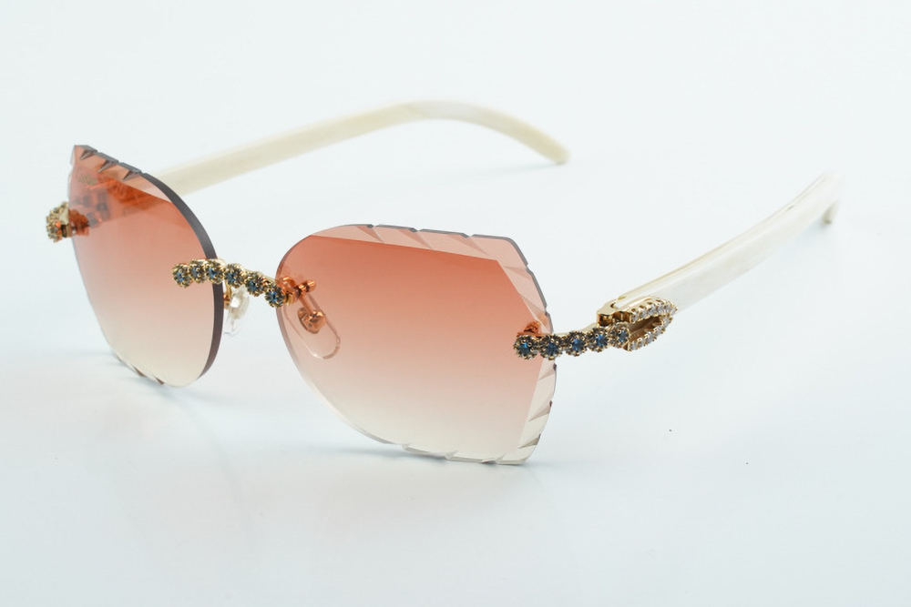 Custom Carti All White Buffs – Diamond Cut Red Butterfly Lens | White Buffalo Horn | Crystal Flower Frame