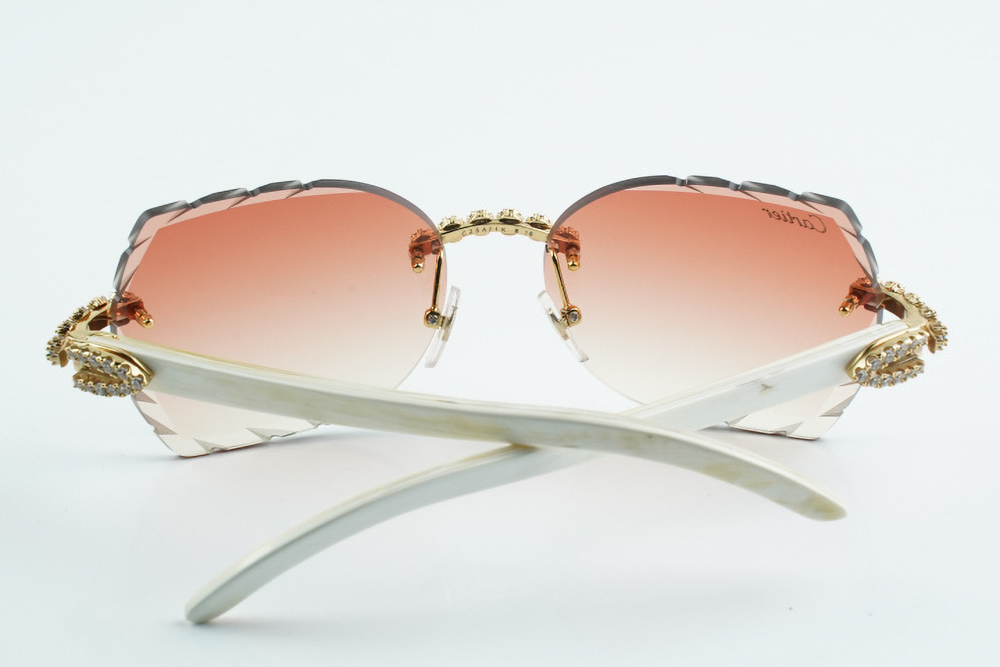 Custom Carti All White Buffs – Diamond Cut Red Butterfly Lens | White Buffalo Horn | Crystal Flower Frame