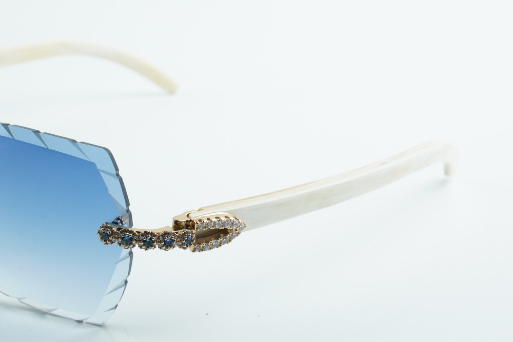 Custom Carti All White Buffs – Diamond Cut Blue Butterfly Lens | White Buffalo Horn | Crystal Flower Frame