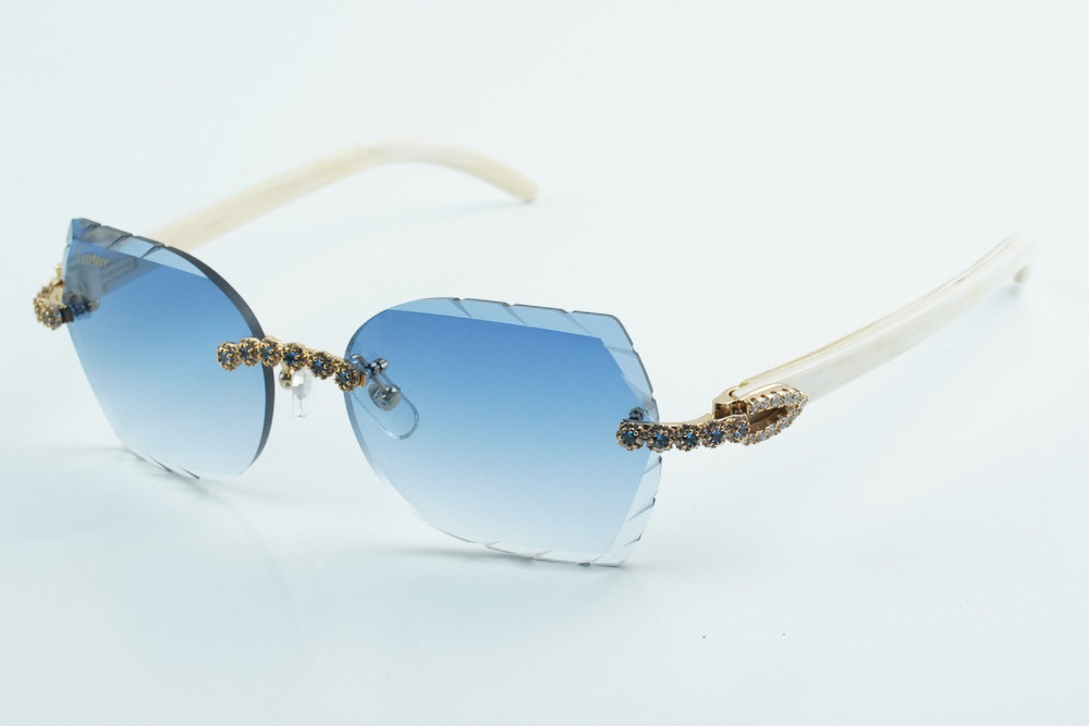Custom Carti All White Buffs – Diamond Cut Blue Butterfly Lens | White Buffalo Horn | Crystal Flower Frame