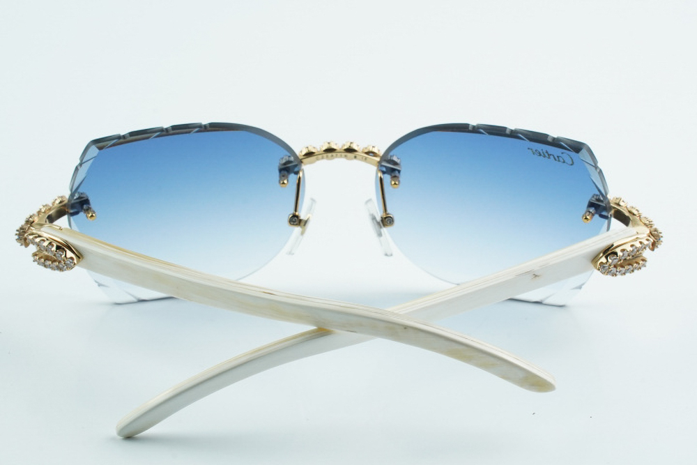Custom Carti All White Buffs – Diamond Cut Blue Butterfly Lens | White Buffalo Horn | Crystal Flower Frame