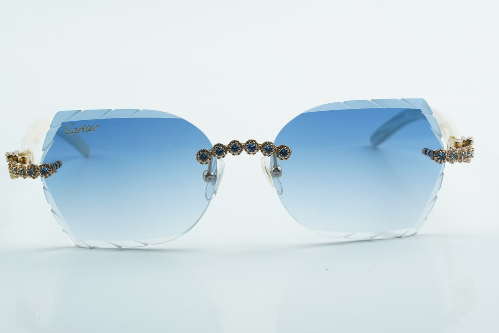 Custom Carti All White Buffs – Diamond Cut Blue Butterfly Lens | White Buffalo Horn | Crystal Flower Frame