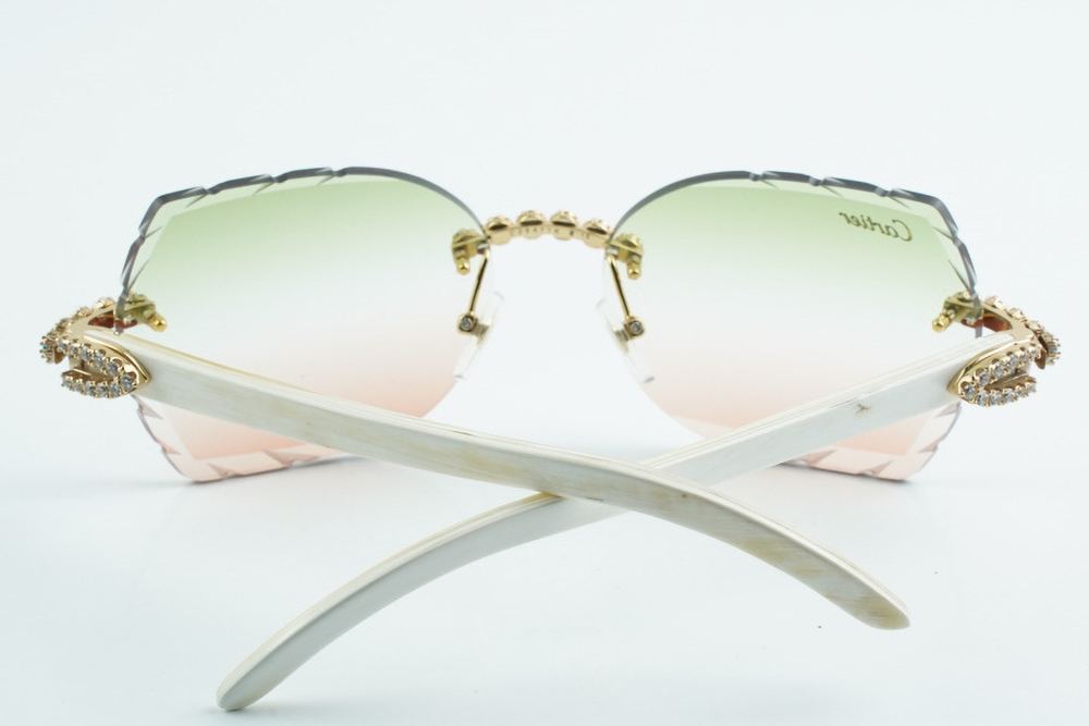 Custom Carti All White Buffs – Diamond Cut Green and Red Butterfly Lens | White Buffalo Horn | Crystal Flower Frame