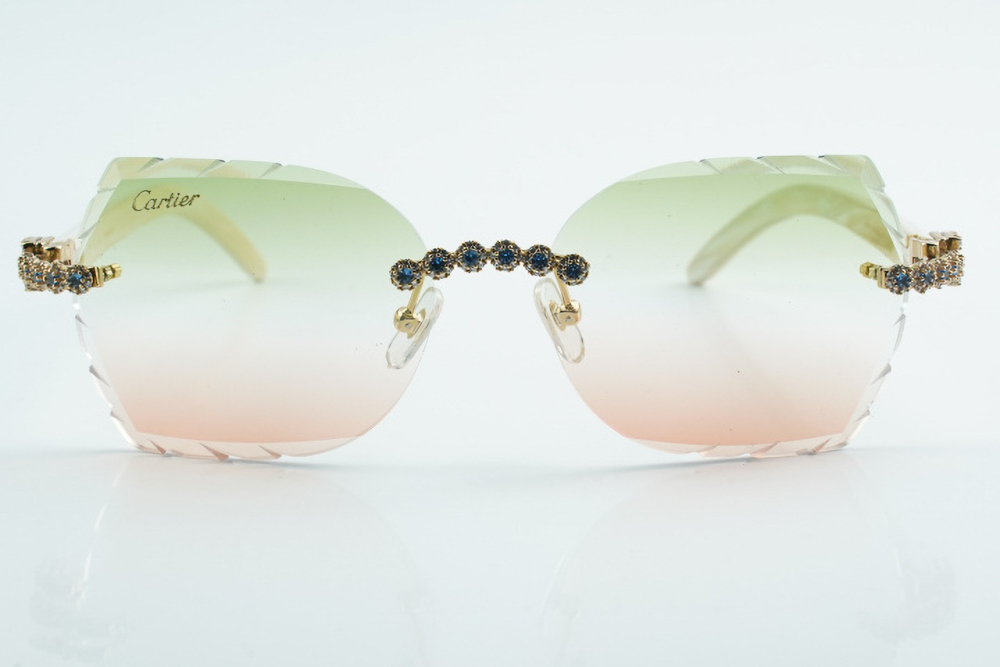 Custom Carti All White Buffs – Diamond Cut Green and Red Butterfly Lens | White Buffalo Horn | Crystal Flower Frame