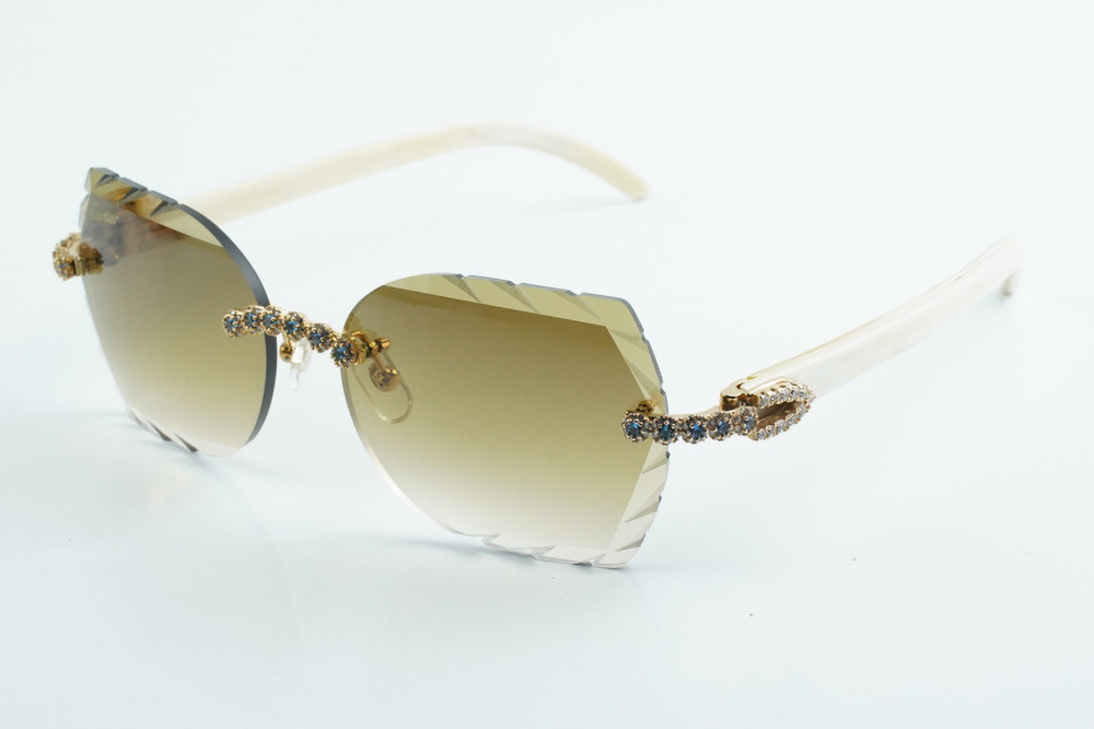 Custom Carti All White Buffs – Diamond Cut Brown Butterfly Lens | White Buffalo Horn | Crystal Flower Frame