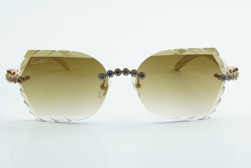 Custom Carti All White Buffs – Diamond Cut Brown Butterfly Lens | White Buffalo Horn | Crystal Flower Frame