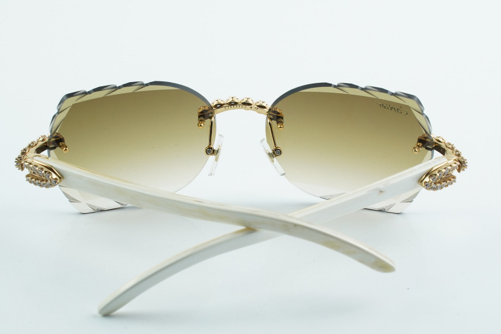 Custom Carti All White Buffs – Diamond Cut Brown Butterfly Lens | White Buffalo Horn | Crystal Flower Frame