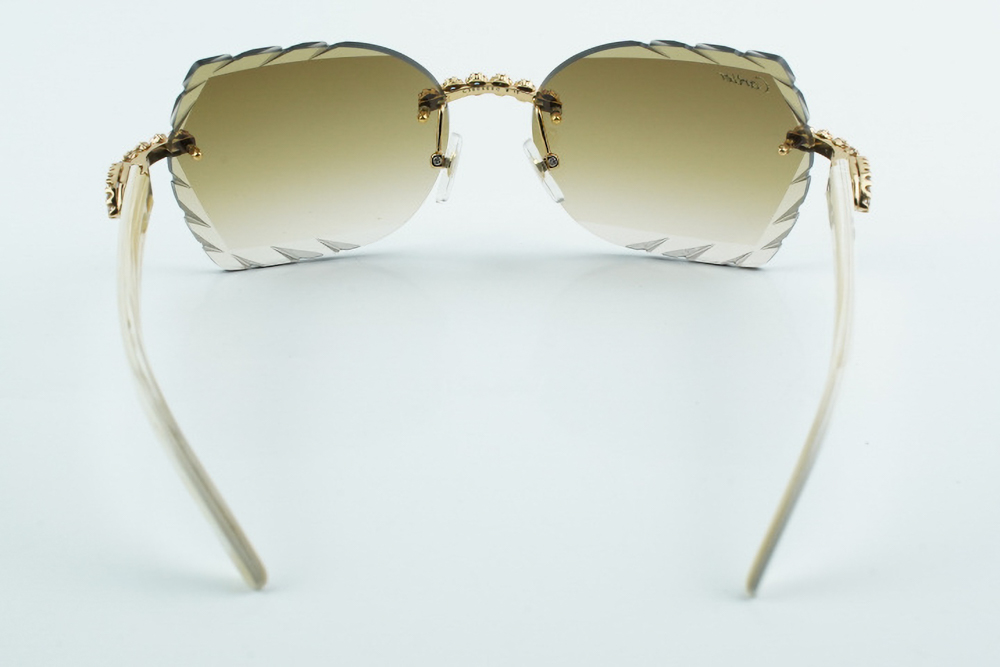 Custom Carti All White Buffs – Diamond Cut Brown Butterfly Lens | White Buffalo Horn | Crystal Flower Frame