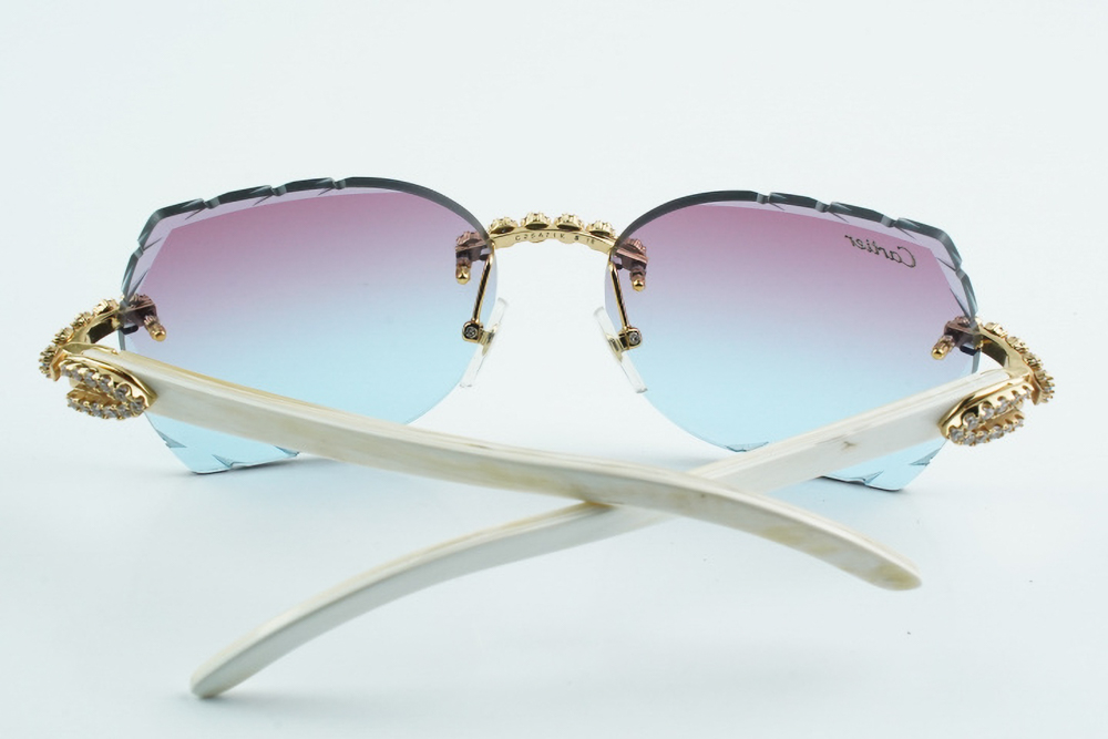 Custom Carti All White Buffs – Diamond Cut Purple and Blue Butterfly Lens | White Buffalo Horn | Crystal Flower Frame