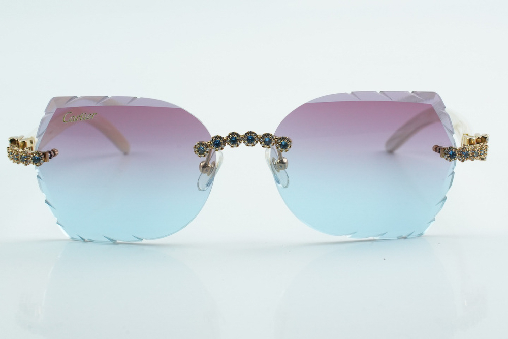 Custom Carti All White Buffs – Diamond Cut Purple and Blue Butterfly Lens | White Buffalo Horn | Crystal Flower Frame