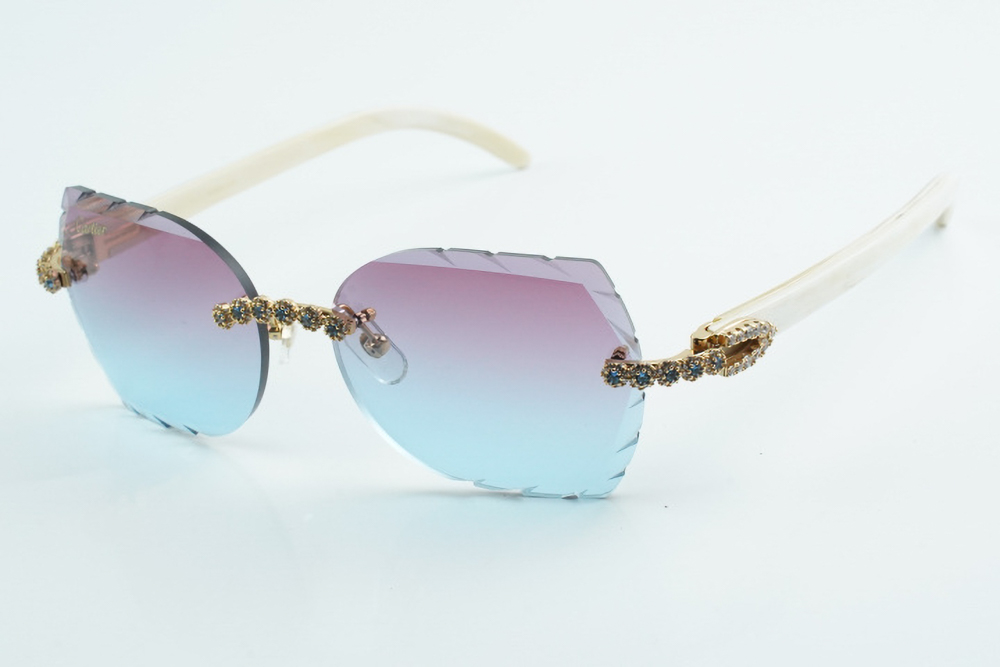 Custom Carti All White Buffs – Diamond Cut Purple and Blue Butterfly Lens | White Buffalo Horn | Crystal Flower Frame